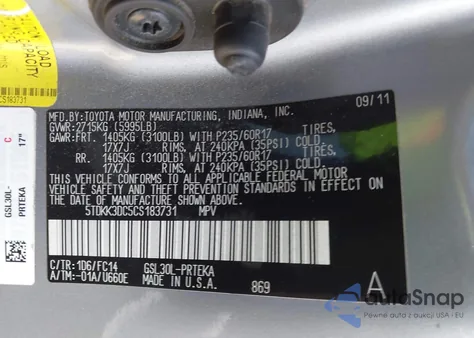 2012 Toyota Sienna Le V6 8 Passenger z USA, uszkodzony, nr VIN 5TDKK3DC5CS183731